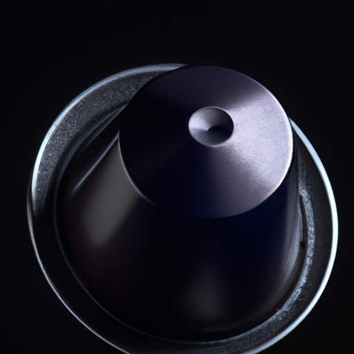 1. Immagine ravvicinata di una capsula lucida Ristretto Nespresso, catturata su uno sfondo scuro.